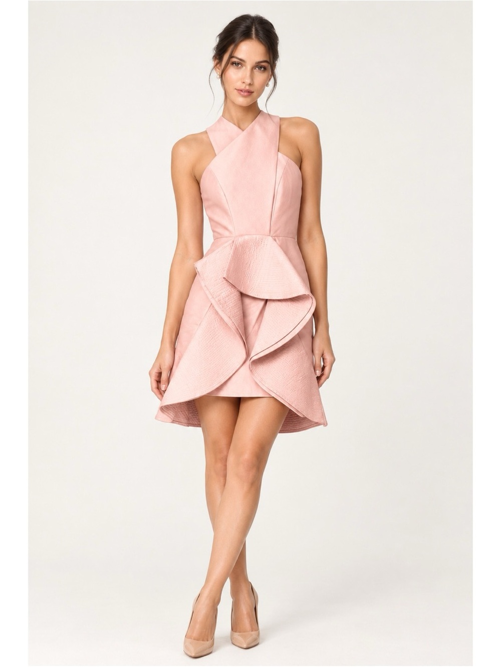 C/MEO Collective Blush Pink Halter Ruffle High-Low Dress Retail $240